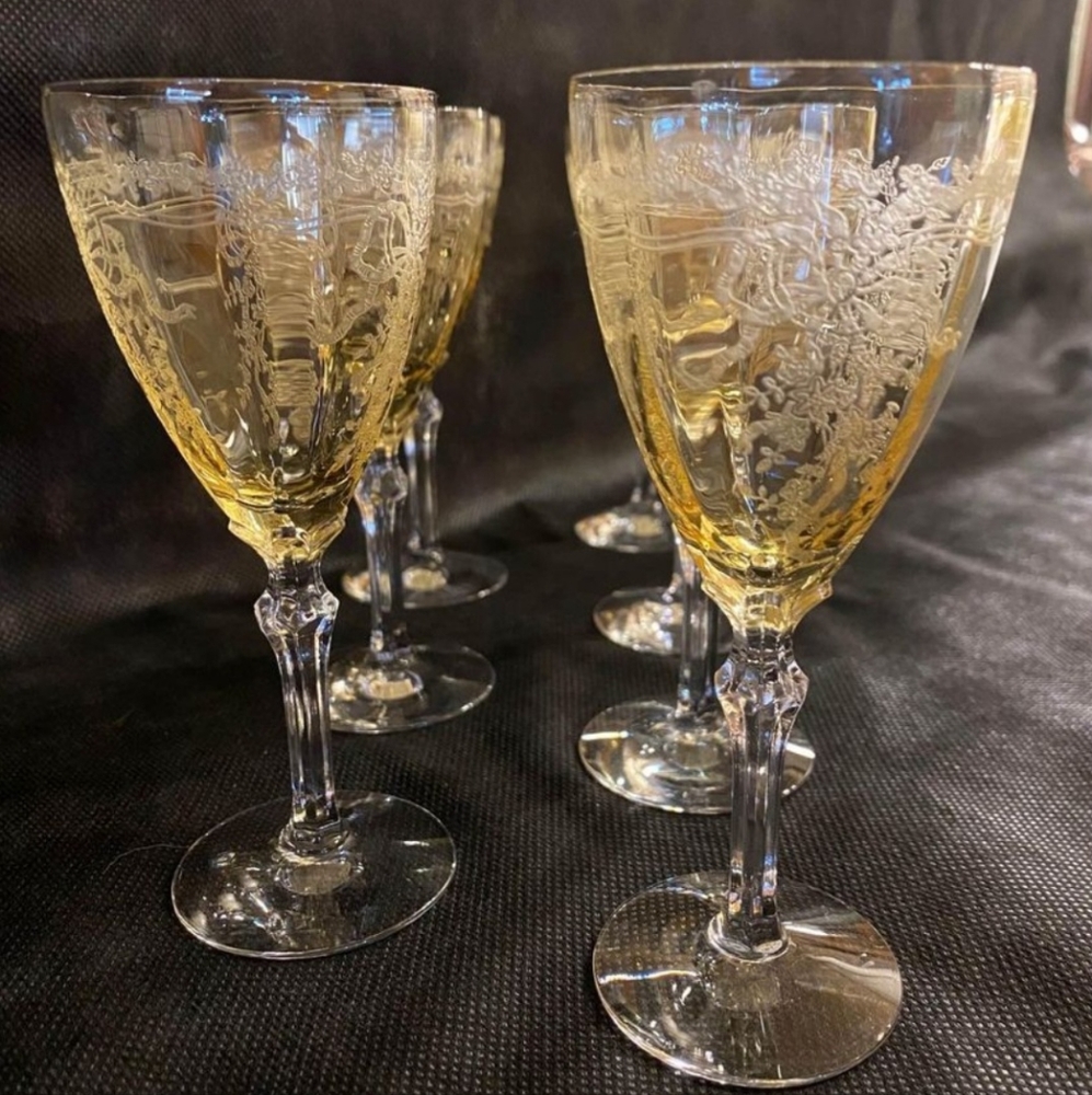 Fostoria June Topaz Etched Water Goblets